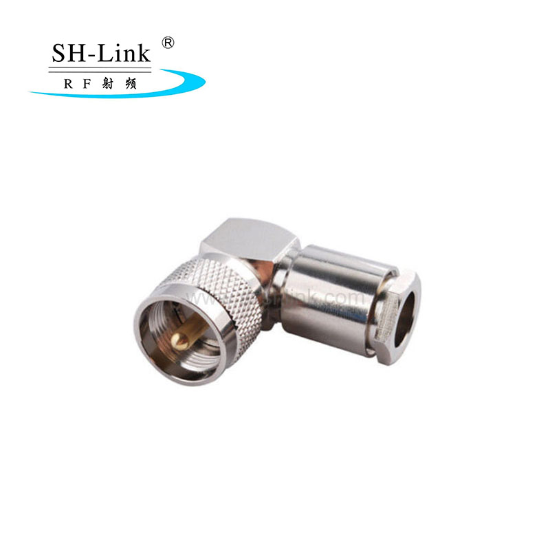 Right angle UHF male connector for LMR400